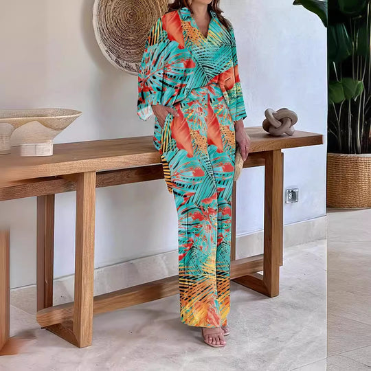 Damen Gemustertes Kimono-Lounge-Set mit weitem Palazzohose aus leichtem Viskose-Mix Shop Nory