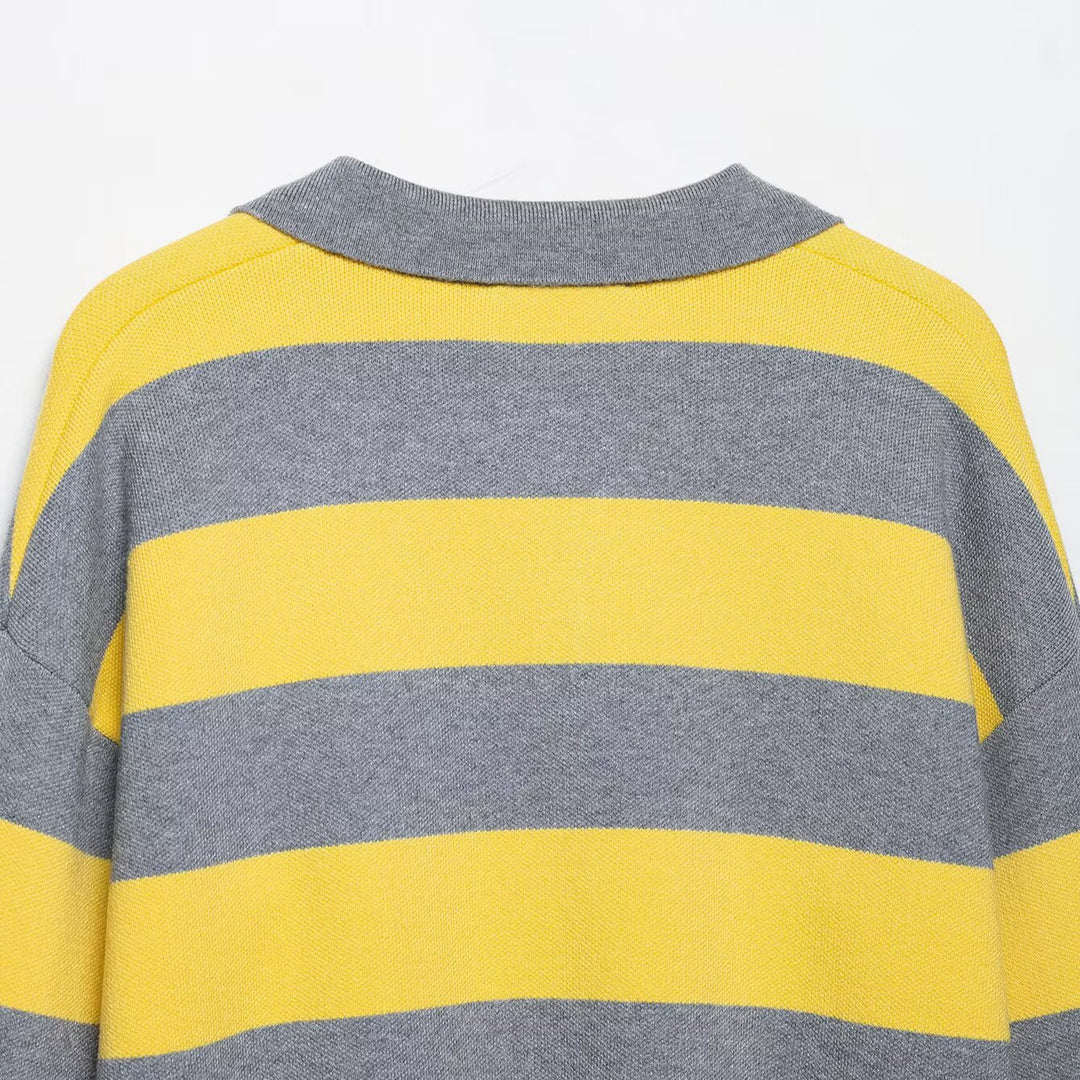 Damen Oversize Streifen-Rugby-Pullover mit offenem Polokragen und V-Ausschnitt Shop Nory