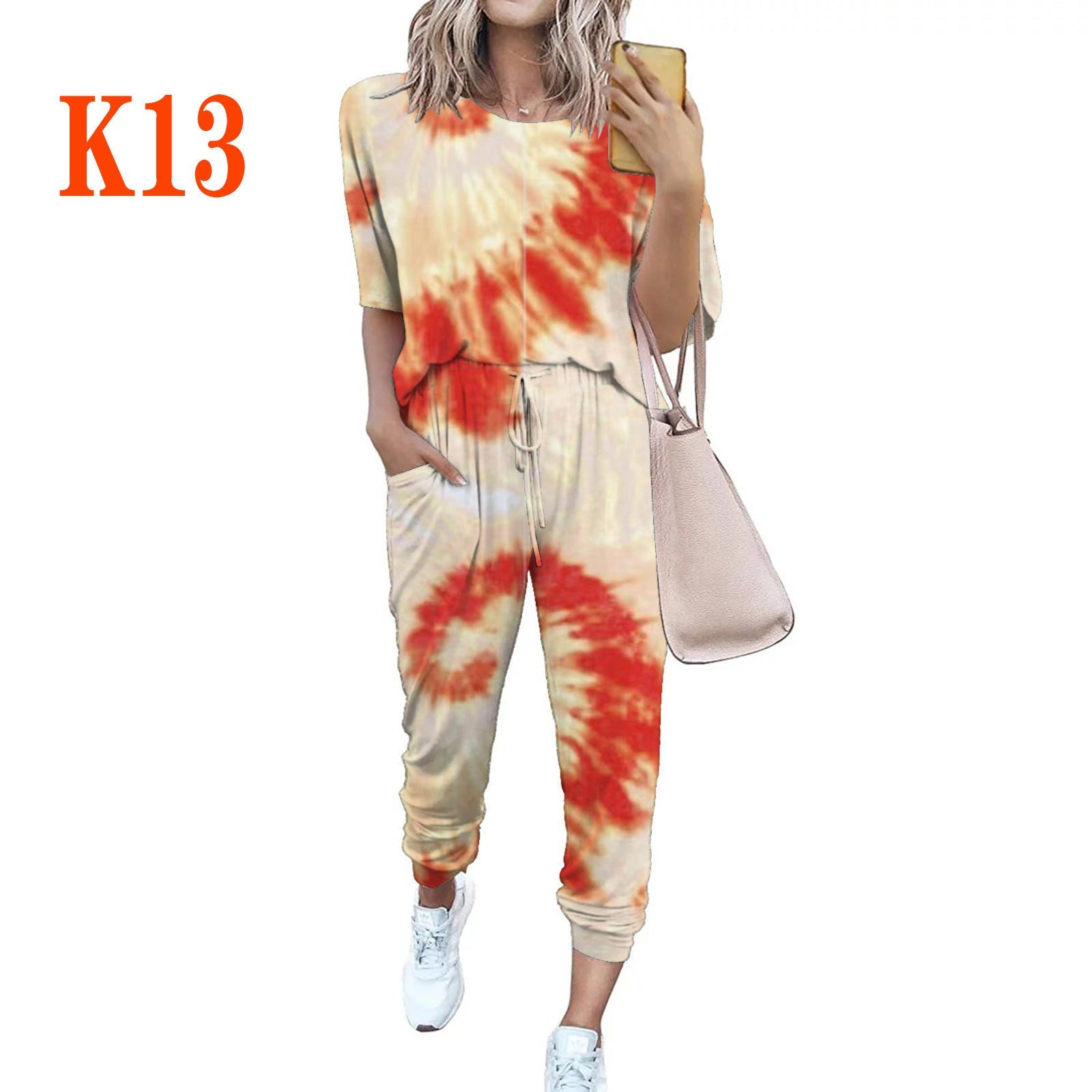 Damen lässiger Jumpsuit mit modischem Batikdesign und praktischen Taschen Shopnory