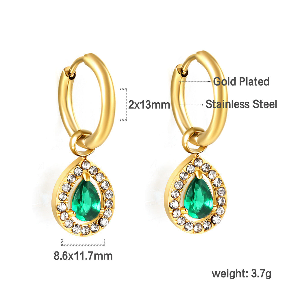 Damen Hängende Ohrstecker mit funkelndem grünem Zirkonia und goldplattierter Edelstahlfassung Shop Nory