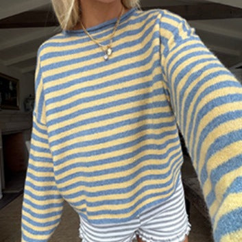 Damen Oversize Flauschiger Streifenpullover mit Boot-Ausschnitt Shop Nory