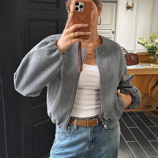 Damen nan kurze kuschelige Bomberjacke mit durchgehendem Reißverschluss, elastischem Saum und verdeckten Eingrifftaschen Shop Nory