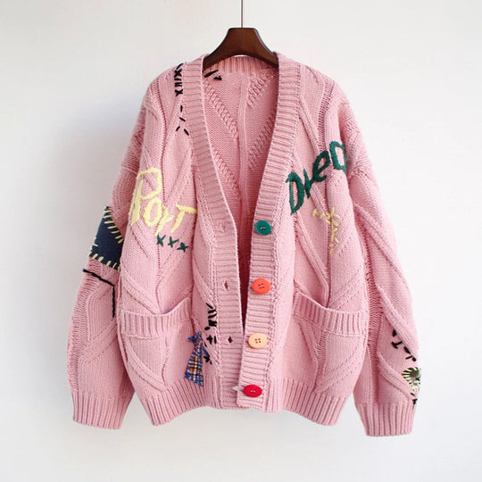 Damen Modischer Strickcardigan mit bunten Knöpfen und aufwendigen Details