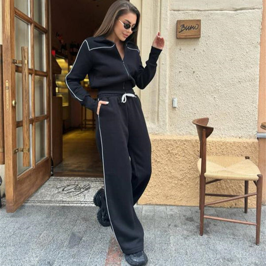 Damen Zweiteiliges Jogginganzug-Set mit Stehkragen, Kontrastpaspel und weitem Bein Shop Nory
