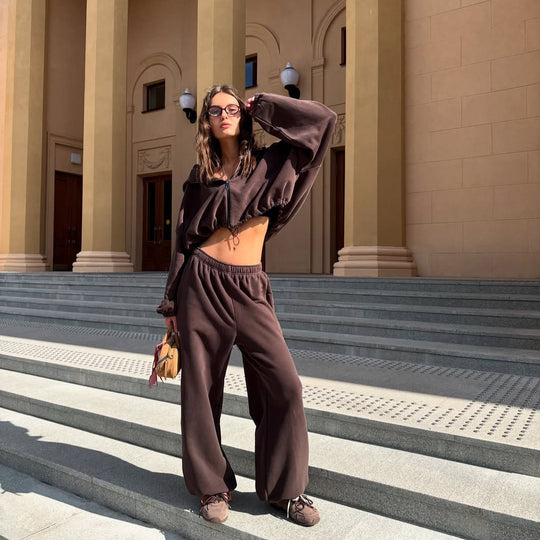 Damen oversized Kapuzenjacke mit Reißverschluss und weiten Jogginghose Lounge-Set Shop Nory