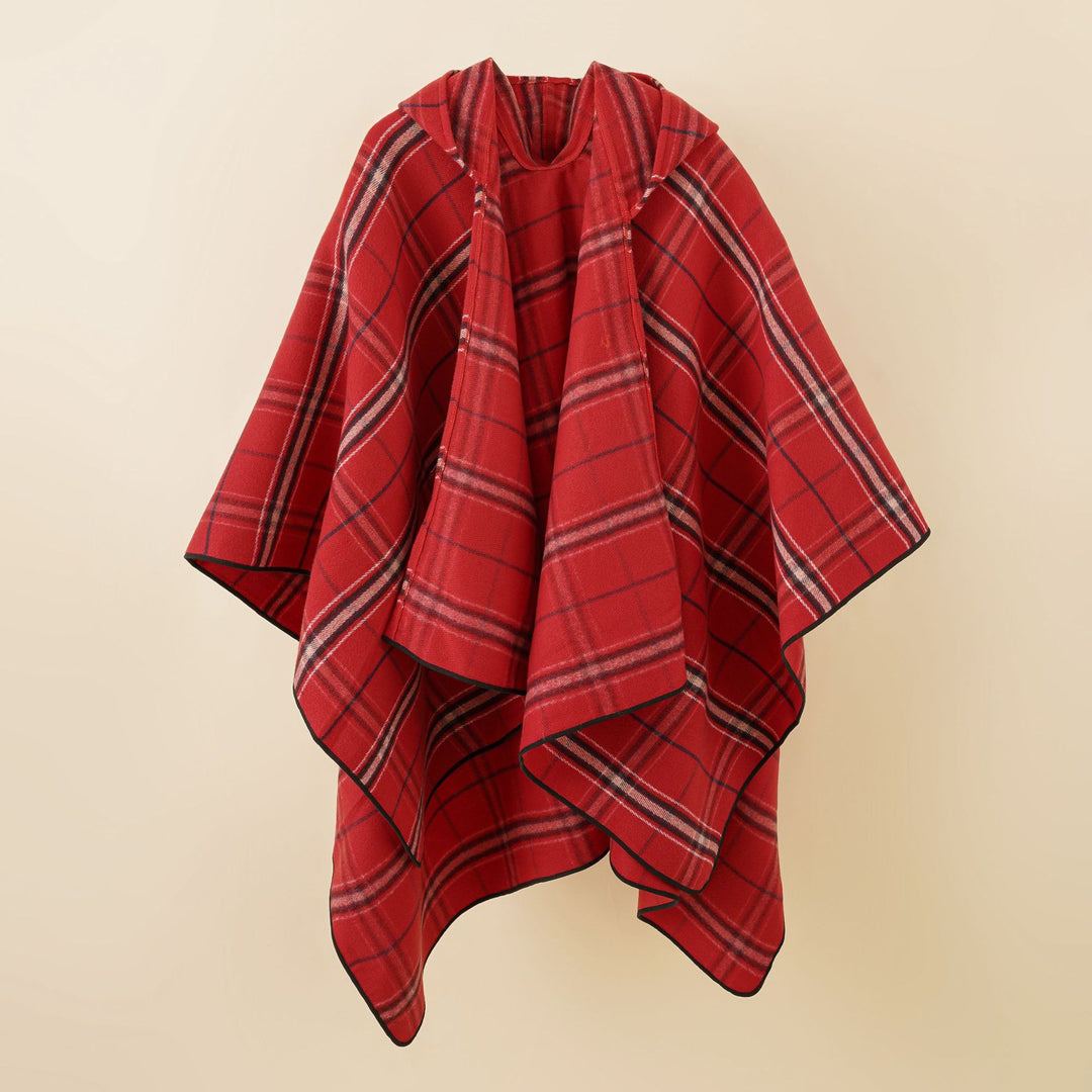 Damen Kapuzen-Poncho mit Karomuster, weichfallender Wollmix und offenem Oversize-Fall Shop Nory