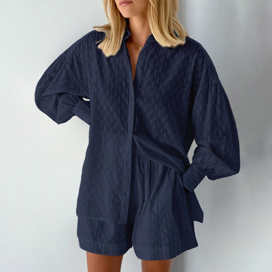 Damen modisches Kurzarm-Pyjama-Set mit strukturierter Oberflächenbeschaffenheit