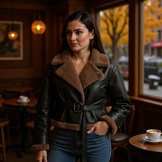 Damen Kurze Fliegerjacke aus Kunstleder mit Teddyfell-Kragen und Taillengürtel Shop Nory