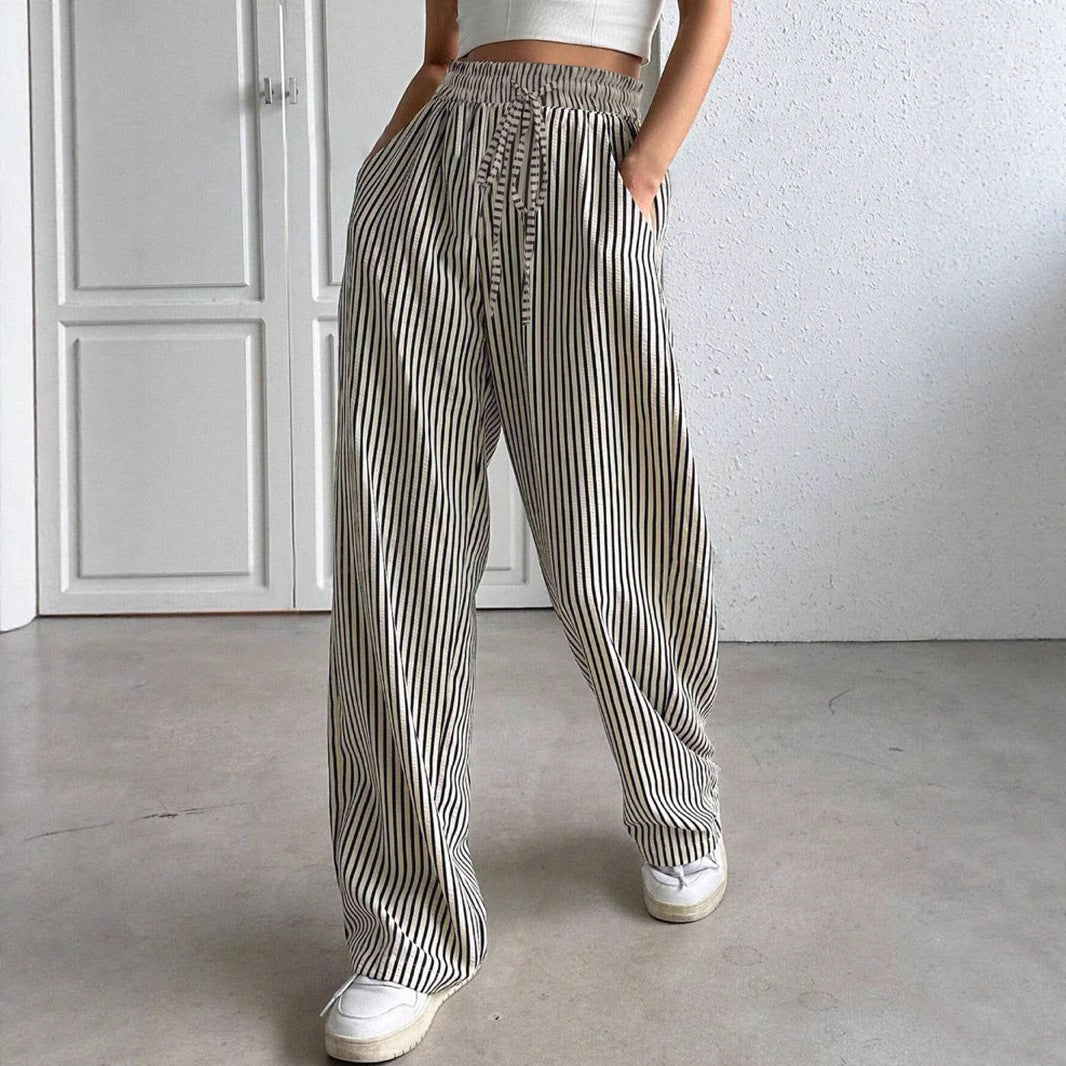 Damen Marlene-Streifenhose aus Leinenmix mit weitem Bein, Elastikbund und Kordelzug Shop Nory
