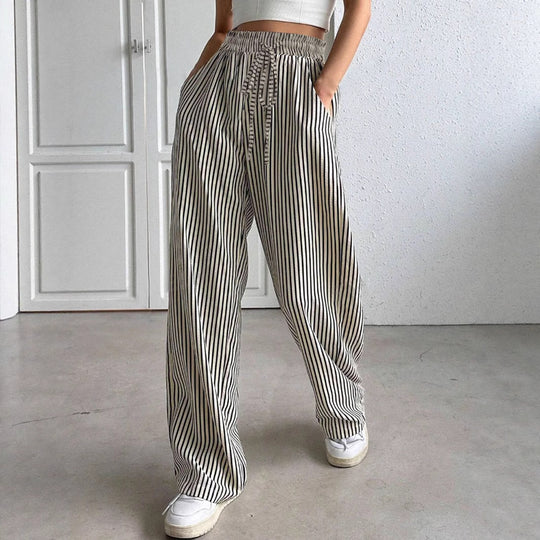 Damen Marlene-Streifenhose aus Leinenmix mit weitem Bein, Elastikbund und Kordelzug Shop Nory