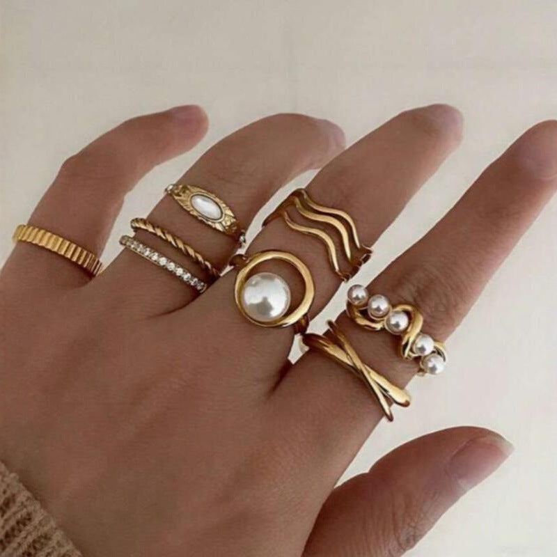 Damen Ring-Set mit eleganten Perl- und geschwungenen Designs Shop Nory