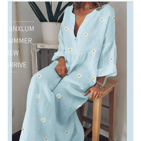 Damen Langes Leinenoptik Maxikleid mit tiefem V‑Ausschnitt, lockerer Empire‑Taillierung und Margeritenprint Shop Nory