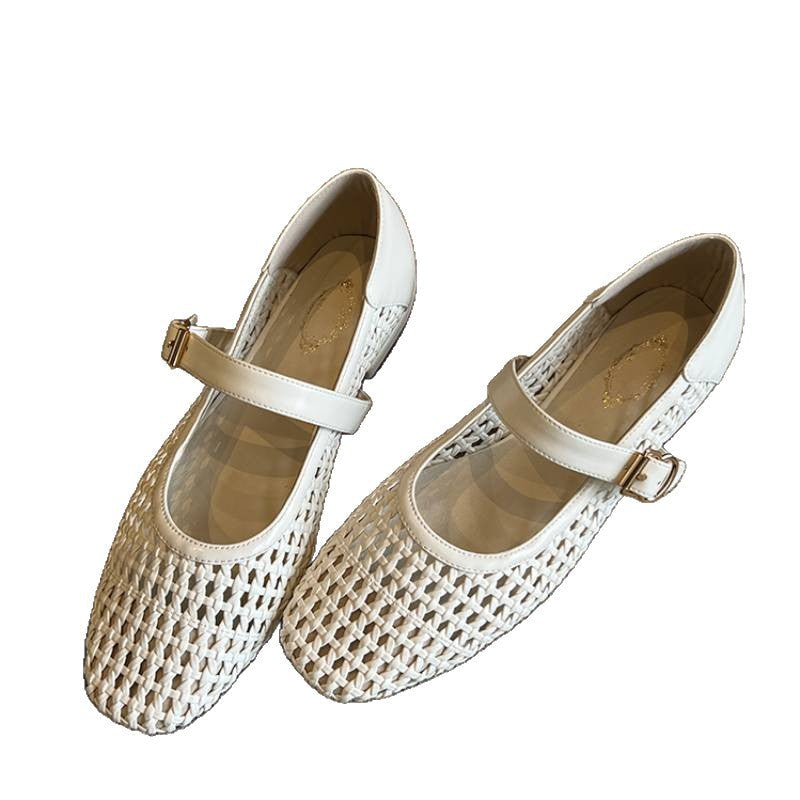 Damen geschlossene Ballerinas mit festem Riemen und geflochtenem Obermaterial