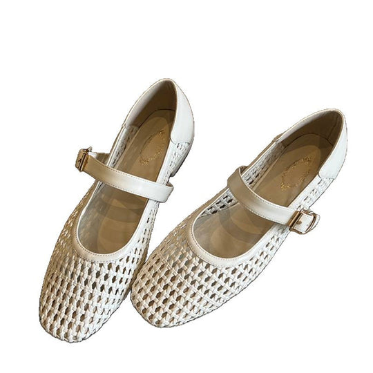 Damen geschlossene Ballerinas mit festem Riemen und geflochtenem Obermaterial