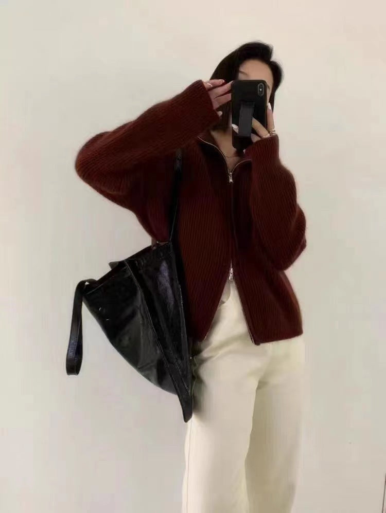 Damen Oversize-Strickjacke mit Reißverschluss, Stehkragen und gerippter Struktur Shop Nory