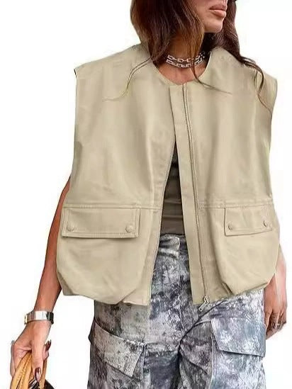 Damen Ärmellose utilitaristische Weste mit Reißverschluss und Pattentaschen Shop Nory
