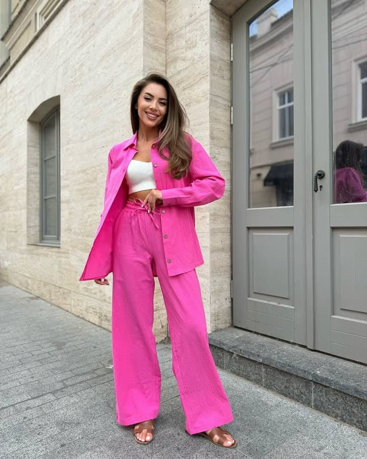 Damen elegantes und trendiges Zweiteiliges Set aus Hemd und weitem Hosen