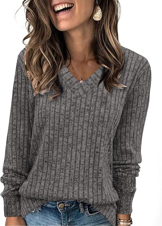 Damen Gerippter V‑Ausschnitt Feinstrickpullover mit lässiger Oversize-Passform Shop Nory