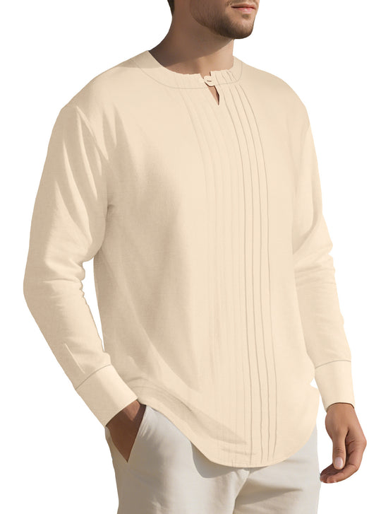 Herren Leichtes Langarmshirt im Leinenlook mit Stehkragen, Kellerfalten und Schlaufenverschluss Shop Nory