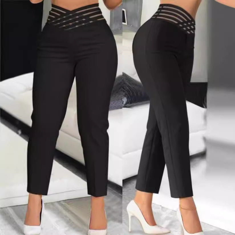 Damen Hochtaillierte Stretch-Hose mit transparentem Gummibund Shopnory