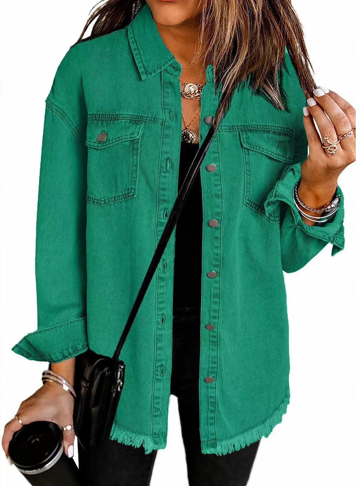 Damen Denim Overshirt mit fransigem Saum und Brusttaschen ShopNory