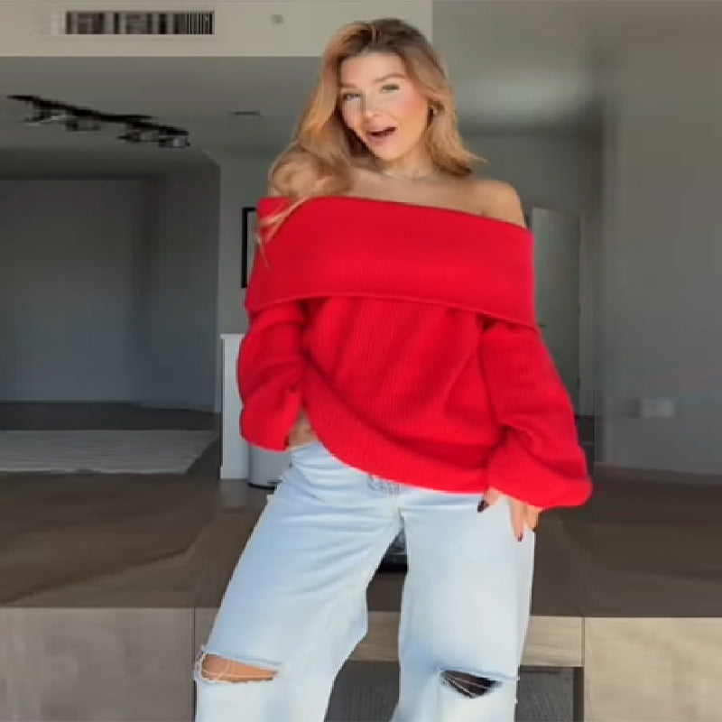 Damen Oversized Strickkleid mit schulterfreier Form und langen Ärmeln