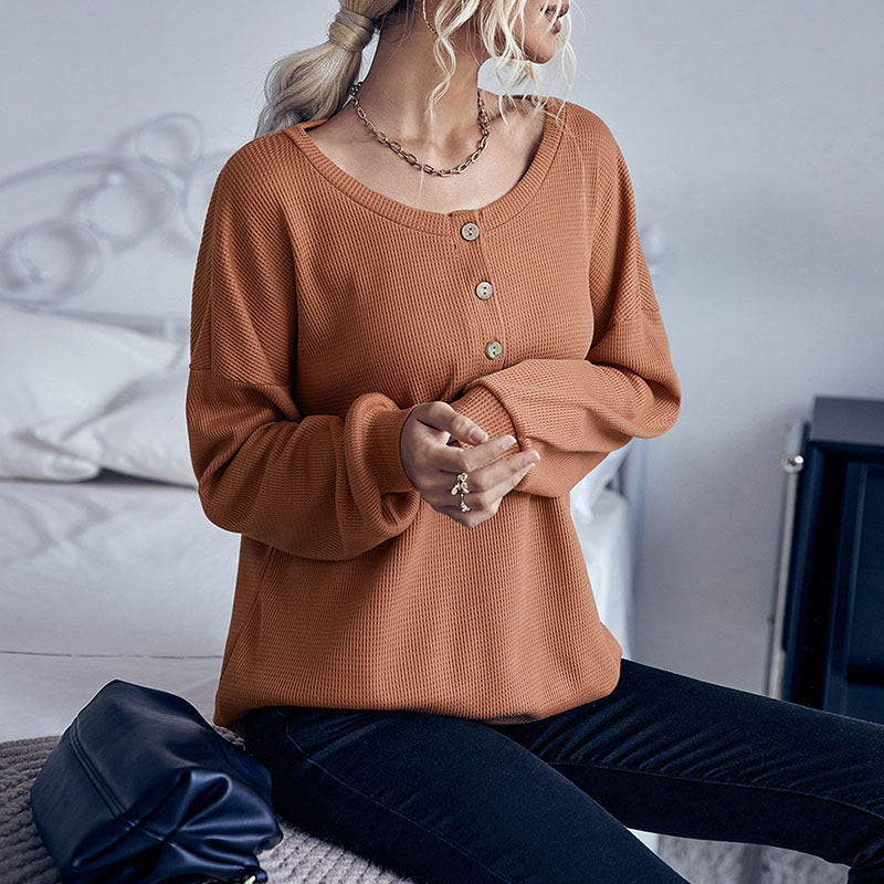 Damen Waffelstrick-Pullover mit Henley-Knopfleiste und überschnittener Schulter Shop Nory