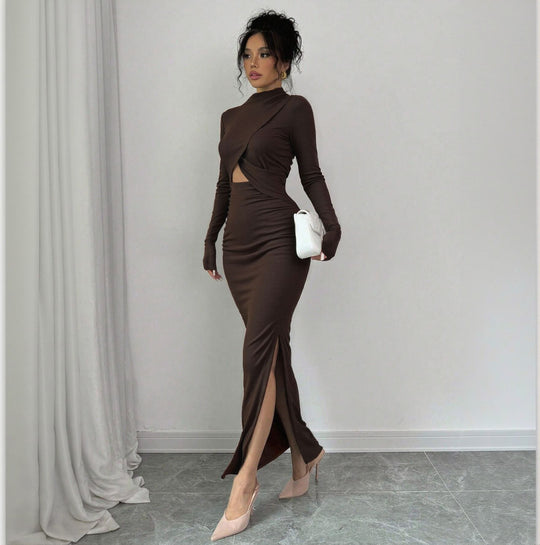 Damen geripptes Maxikleid mit gedrehtem Vorderteil Cut-Out taillierter Raffung und hohem Seitenschlitz Shop Nory