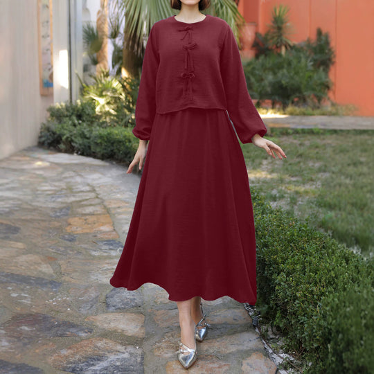 Damen Langes Zweiteiliges Maxikleid mit Überwurf, Rundhals und Zierknoten Shop Nory