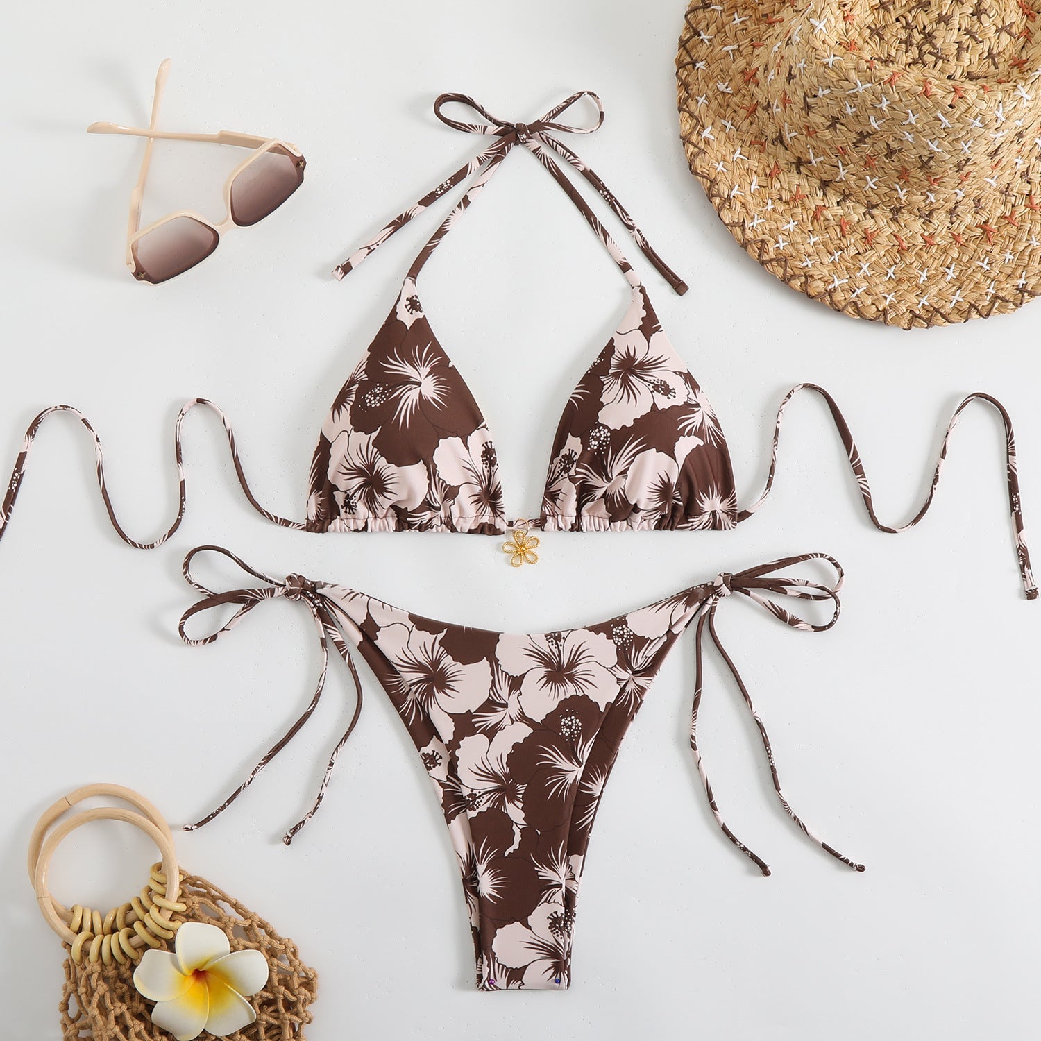 Damen Triangel-Bikini-Set mit floralem Design und verspielten BindShopnoryändern