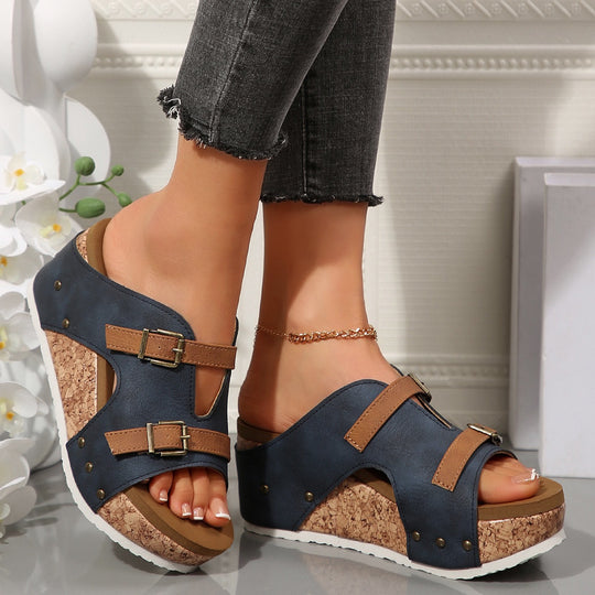 Damen Keil-Pantolette mit Korkplateau, verstellbaren Doppelriemen und gepolstertem Komfortfußbett Shop Nory