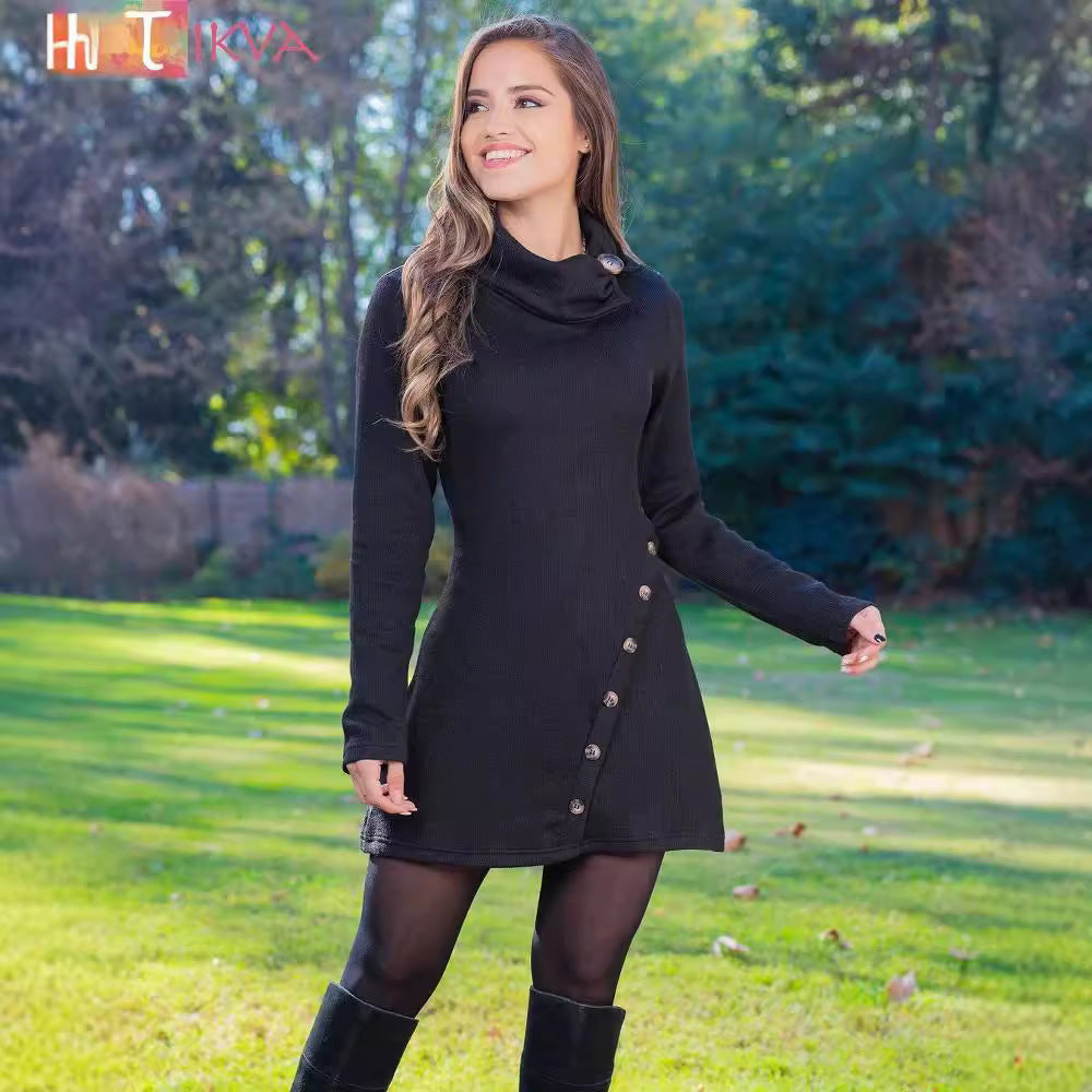 Damen nan figurbetontes A-Linien Strickkleid mit asymmetrischer Zierknopfleiste und hohem Kragen Shop Nory