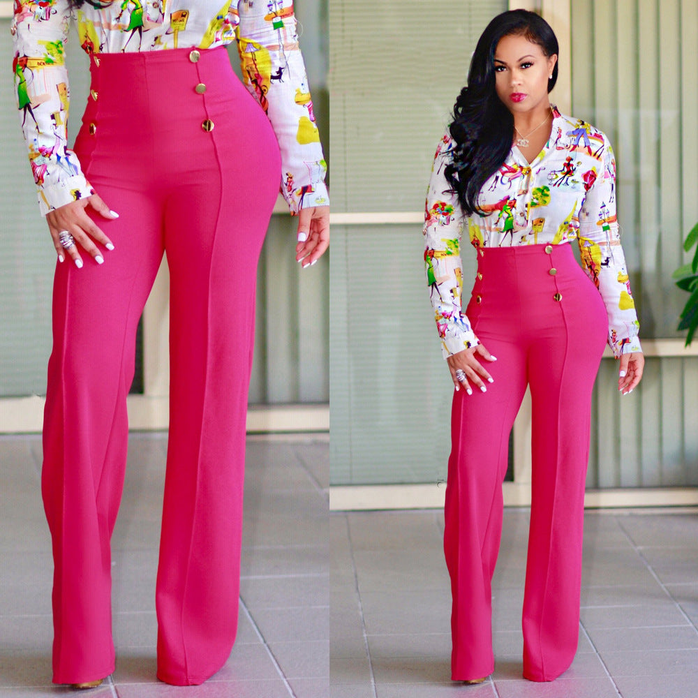 Damen hochtaillierte Palazzo-Hose mit dekorativen Knopfdetails