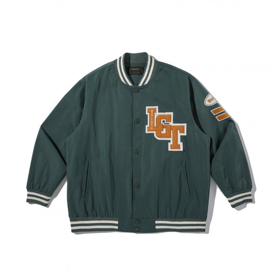 Unisex College-Bomberjacke mit gestepptem Patch, gestreiften Rippsäumen und Druckknopfleiste Shop Nory