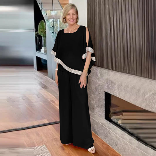 Damen elegantes Zweiteiler-Outfit mit luftiger Bluse und weitem Hosenstil Shopnory