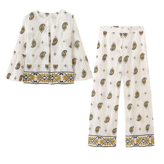 Damen Weite Leinenhose mit Paisley‑Print und besticktem Saum Shop Nory