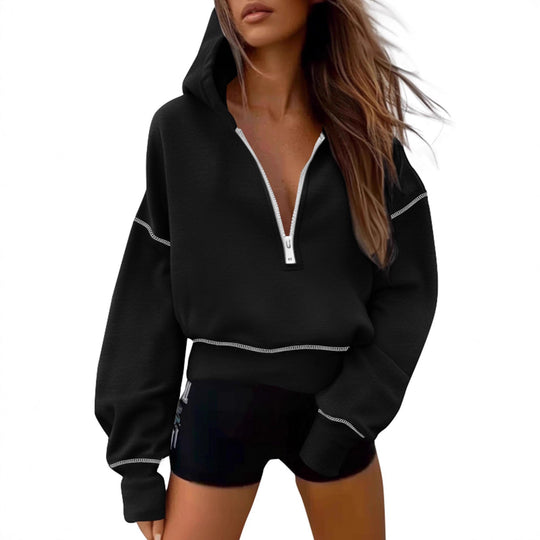Damen nan cropped Kapuzenpullover mit halbem Reißverschluss und voluminösen Ballonärmeln Shop Nory