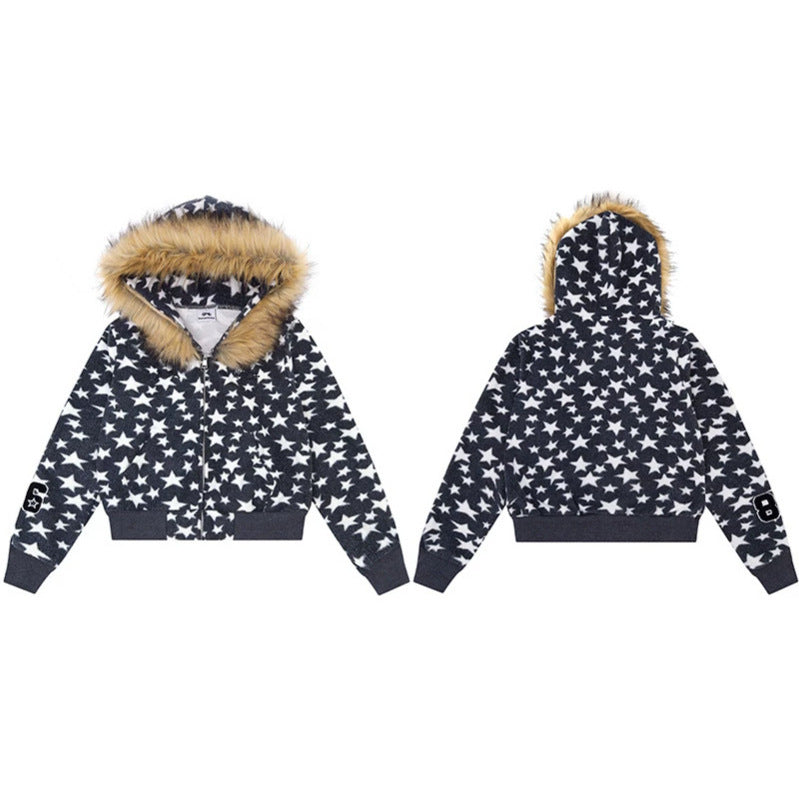 Damen Kapuzen-Sherpajacke mit Sternenprint, Reißverschluss und Kunstpelzbesatz Shop Nory