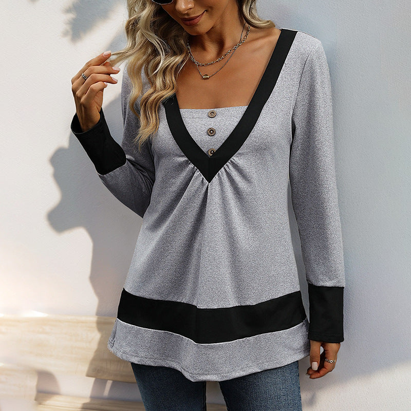Damen Longsleeve mit tiefem V-Ausschnitt, Zierknopfleiste und Kontrastbordüren Shop Nory