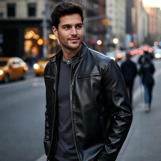 Herren Biker‑Style Kunstlederjacke mit Stehkragen und Reißverschlusstaschen Shop Nory