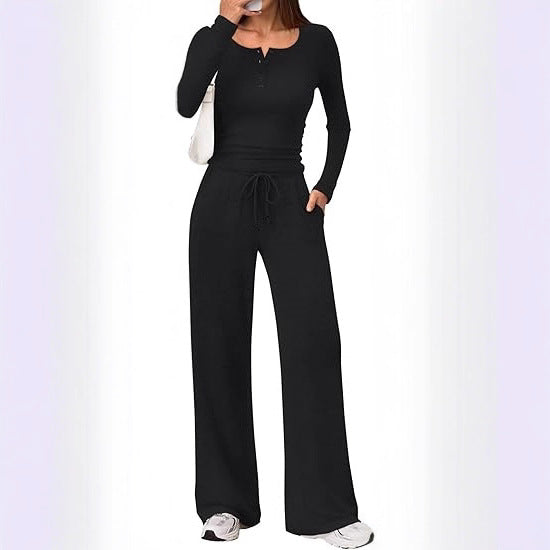 Damen Zweiteiliges Feinstrick-Lounge-Set mit Henley-Top und Palazzo-Hose Shop Nory