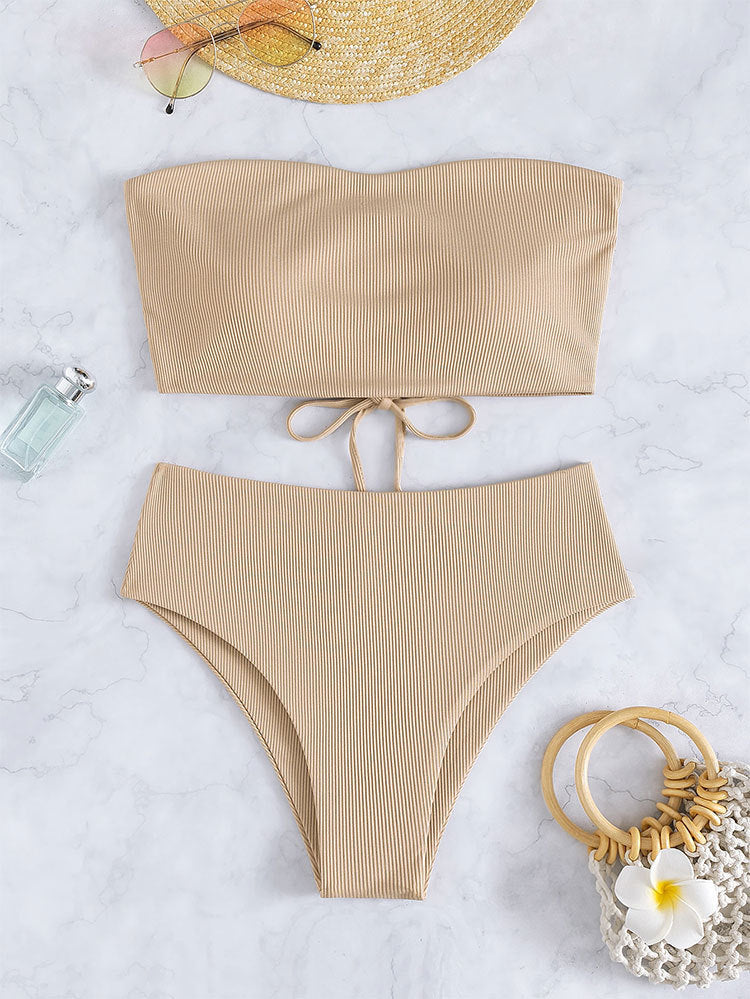 Damen Bandeau-Bikini mit hohem Bund und Rippdesign