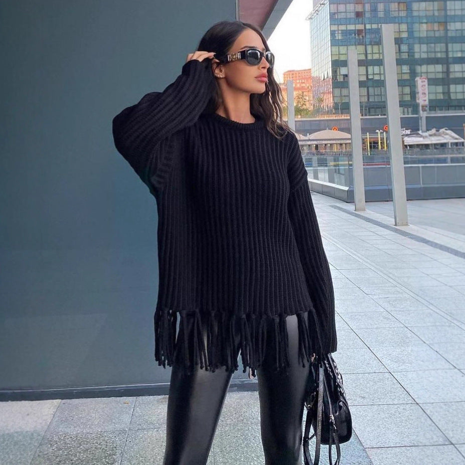 Damen lässiger Rippstrick-Pullover mit Fransen-Saum und Oversize-Silhouette Shop Nory