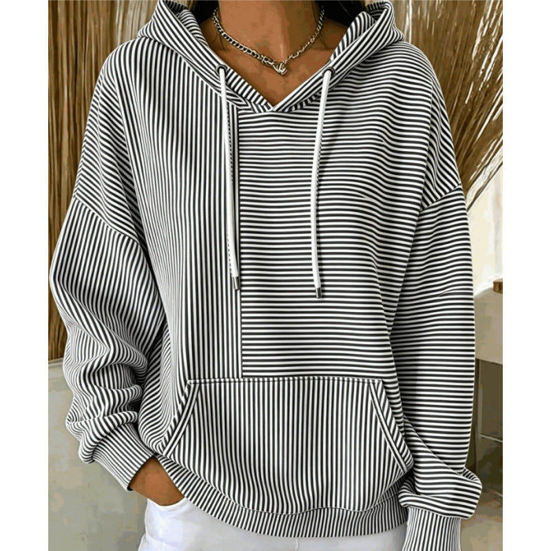 Damen Oversize Kapuzenpullover mit feinem Streifenprint, Kängurutasche und V-Ausschnitt-Kapuze Shop Nory