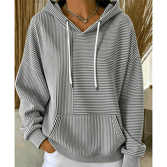 Damen Oversize Kapuzenpullover mit feinem Streifenprint, Kängurutasche und V-Ausschnitt-Kapuze Shop Nory