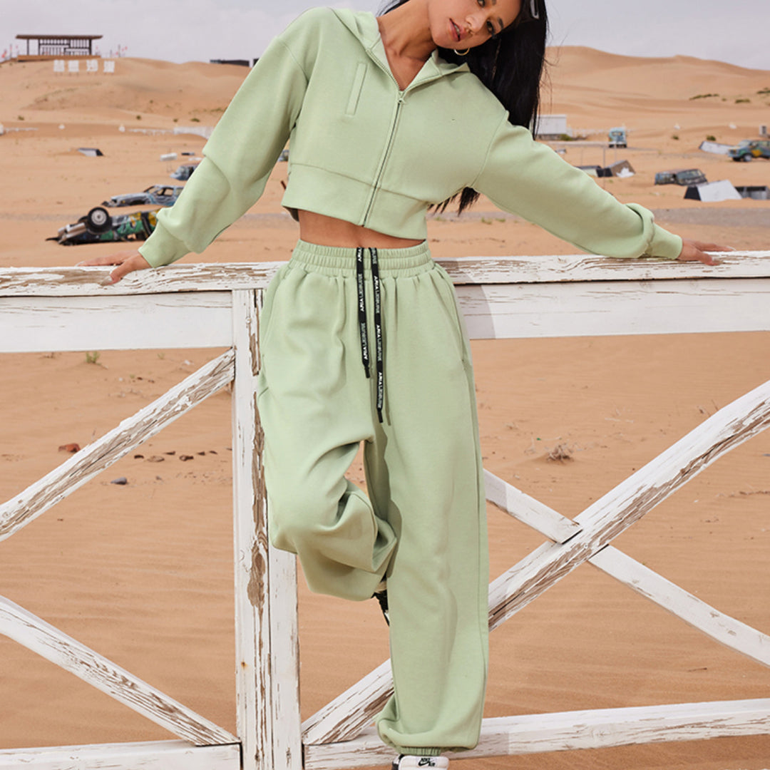 Damen Zweiteiliges Cropped Reißverschluss-Hoodie mit elastischer High-Waist Jogginghose Shop Nory