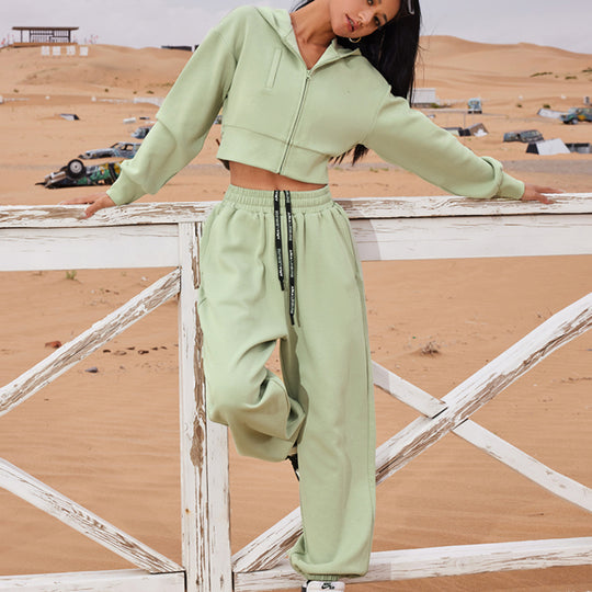 Damen Zweiteiliges Cropped Reißverschluss-Hoodie mit elastischer High-Waist Jogginghose Shop Nory