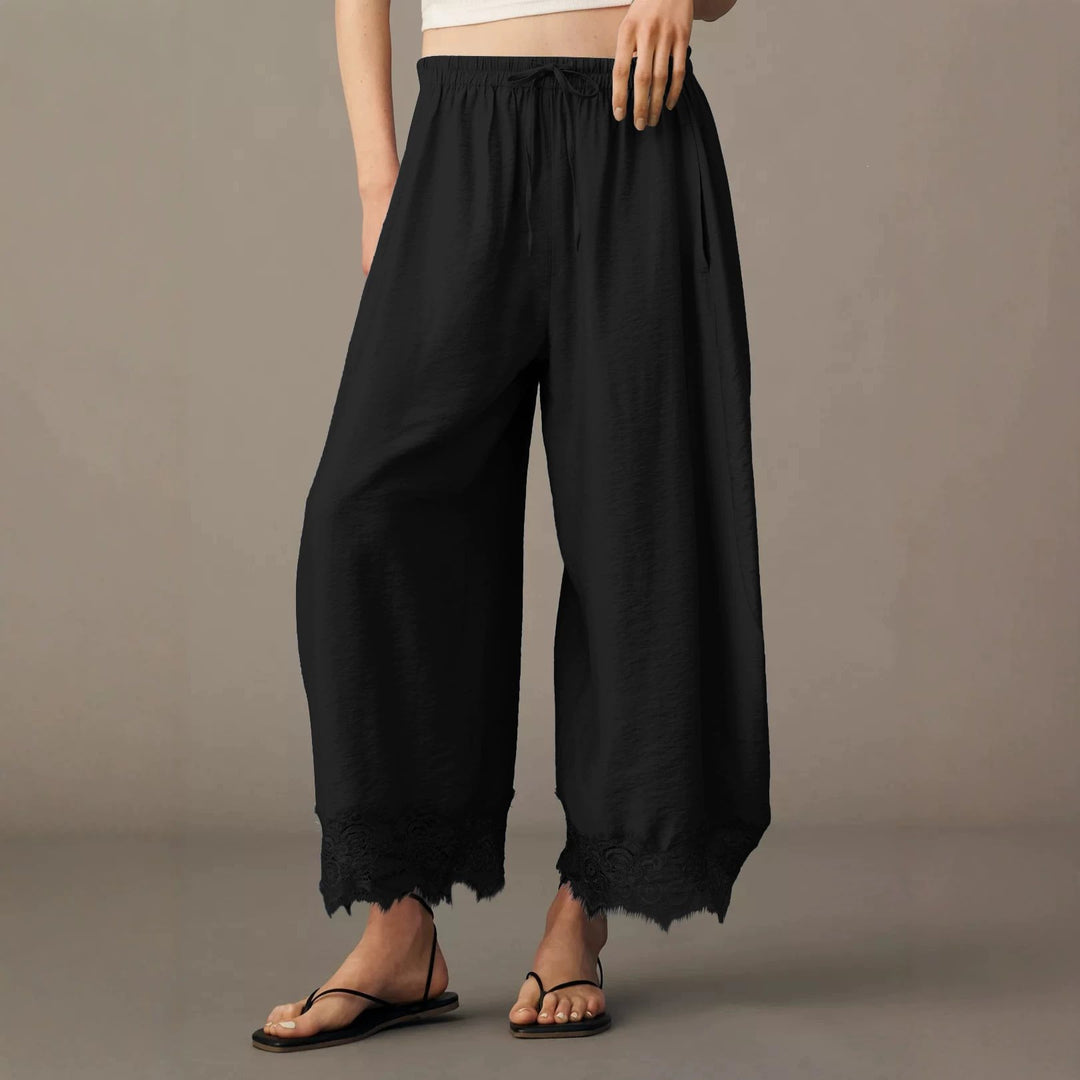 Damen Weite Palazzo-Hose mit elastischem Tunnelzugbund und Spitzenbesatz Shop Nory