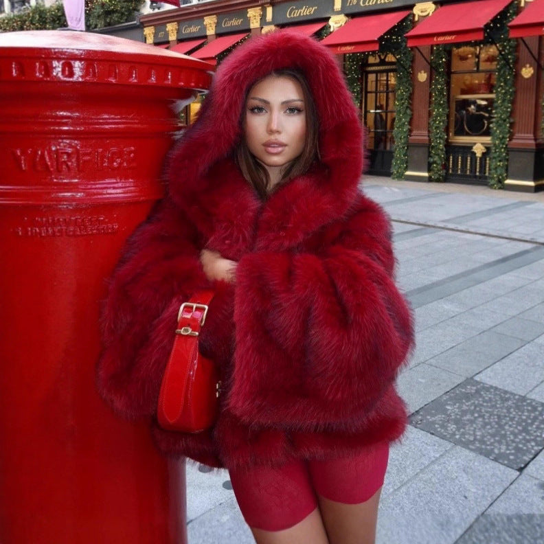 Damen Kapuzenkunstpelzjacke mit voluminöser Shaggy‑Silhouette Shop Nory