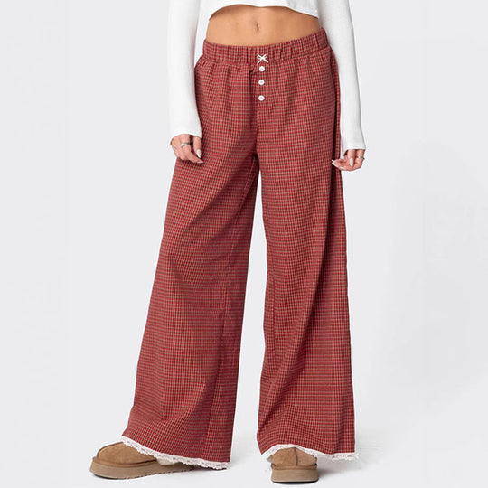 Damen Weite Lounge-Hose mit Gummibund, Knopfleiste & Spitzenbesatz Shop Nory